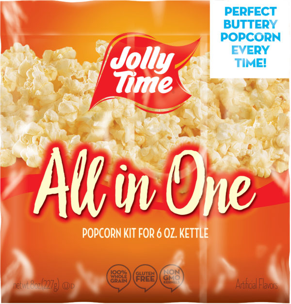 Jolly Time All in One Popcorn Kits. Portion packets with kernels