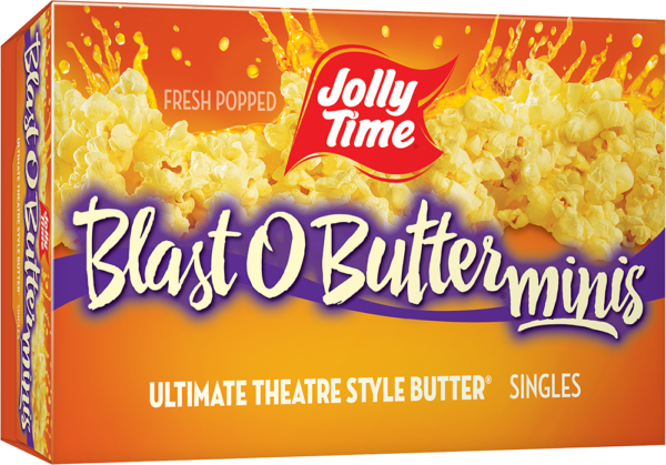 Jolly Time Blast O Butter Microwave Popcorn Mini Bags. A buttery movie theater style popcorn in single serve snack size bags. Popcorn Product: Microwave Classics Blast O Butter® Minis