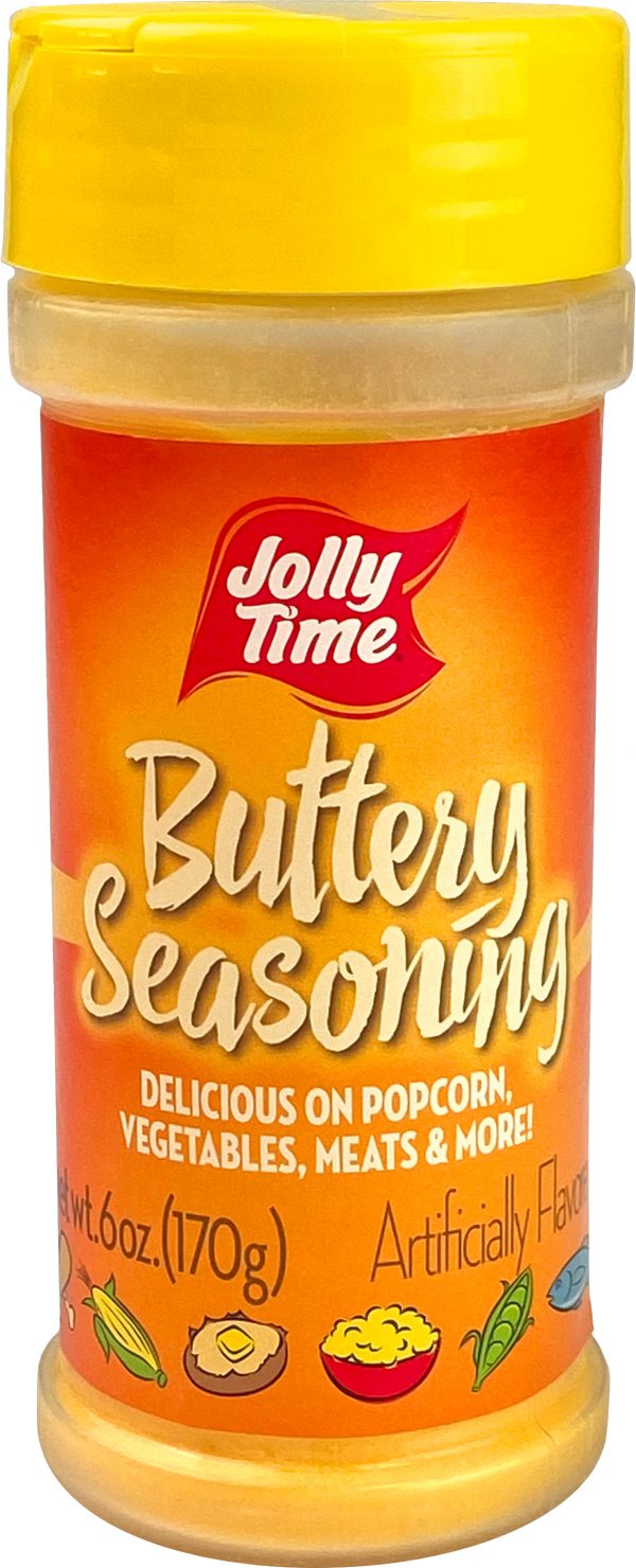 Jolly Time Buttery Popcorn Seasoning. Movie theater popcorn salt, also used as a butter flavored topping powder for many foods. Popcorn Product: Accessories Buttery Seasoning