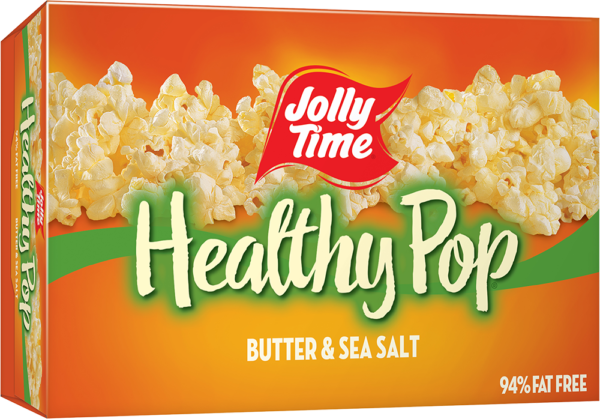 Jolly Time Healthy Pop Butter Microwave Popcorn. A 94% fat free popcorn endorsed by Weight Watchers to support a healthy diet. Popcorn Product: Healthy Pop Healthy Pop® Butter