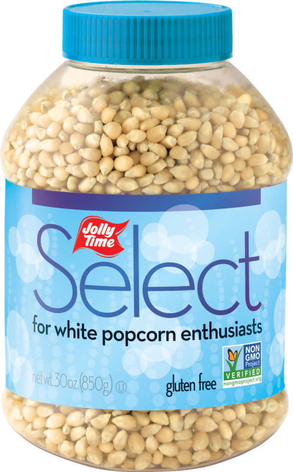 Jolly Time Select White Popcorn Kernels. A jar of tender