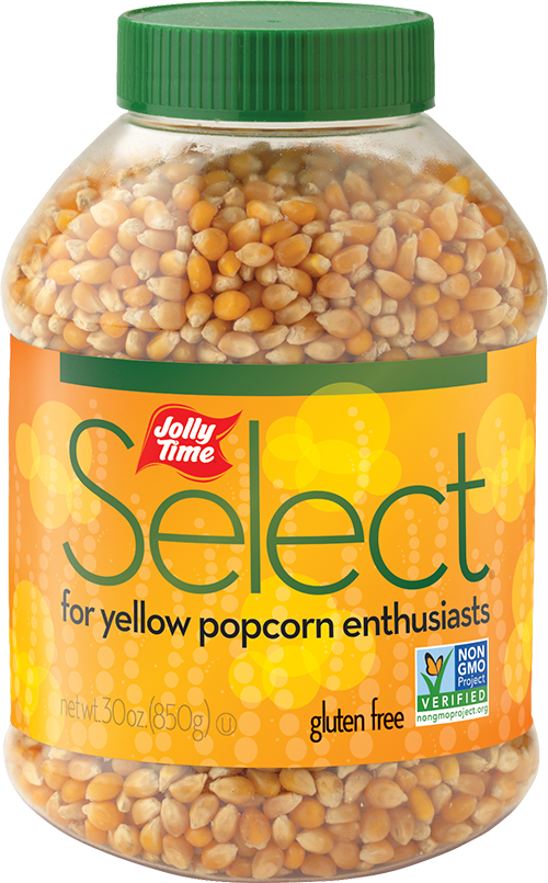 Jolly Time Select Yellow Popcorn Kernels. A jar of premium gourmet stovetop popping corn. Non-GMO and Gluten Free. Popcorn Product: Kernels JOLLY TIME® Select® Yellow