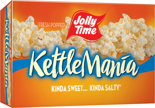 Jolly Time KettleMania Microwave Popcorn. Sweet and salty gourmet kettle corn flavor with Insta-Bowl popping bags. Popcorn Product: Sweet & Savory KettleMania®