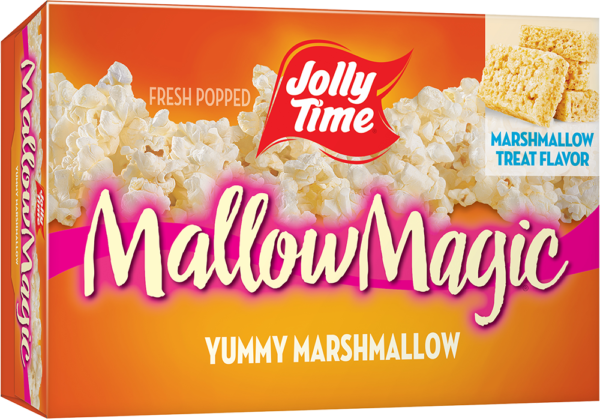 Jolly Time Mallow Magic Microwave Popcorn. A sweet dessert popcorn that kids love. Yummy marhmallow flavor with topping sauce. Popcorn Product: Sweet & Savory Mallow Magic®