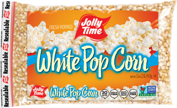 JOLLY TIME White Unpopped Popcorn Kernels. Tender white natural flavor butterfly kernels for stovetop popping or air poppers. Popcorn Product: Kernels White Kernels