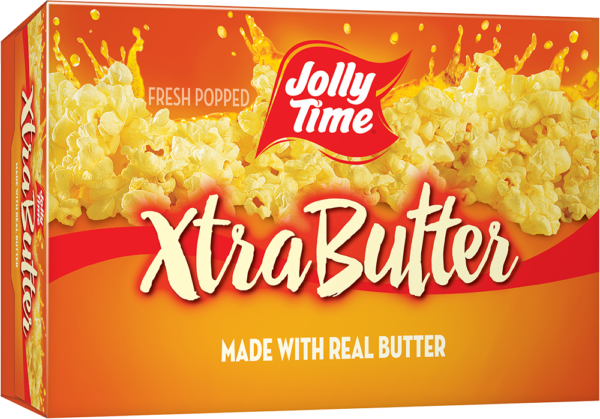 Jolly Time Xtra Butter Microwave Popcorn. An extra buttery flavor made with the trans-fat free Smart Balance oil blend.