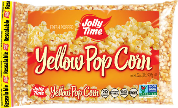 Jolly Time Yellow Unpopped Popcorn Kernels. A 2 pound poly bag of whole grain, non-GMO and gluten-free popping corn. Popcorn Product: Kernels Yellow Kernels