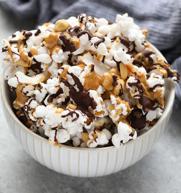Fit Foodie Finds’ Dark Chocolate Peanut Butter Popcorn Snack Mix