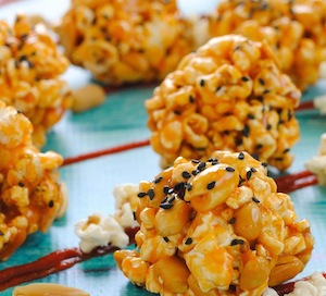 Peanut Butter Sriracha Popcorn Balls