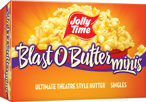 Jolly Time Blast O Butter Microwave Popcorn Mini Bags. A buttery movie theater style popcorn in single serve snack size bags. Popcorn Product: Microwave Classics Blast O Butter® Minis