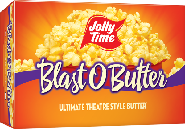 Jolly Time Blast O Butter Microwave Popcorn. Our best butter popcorn with a movie theater style extra buttery flavor. Popcorn Product: Microwave Classics Blast O Butter® Microwave Popcorn