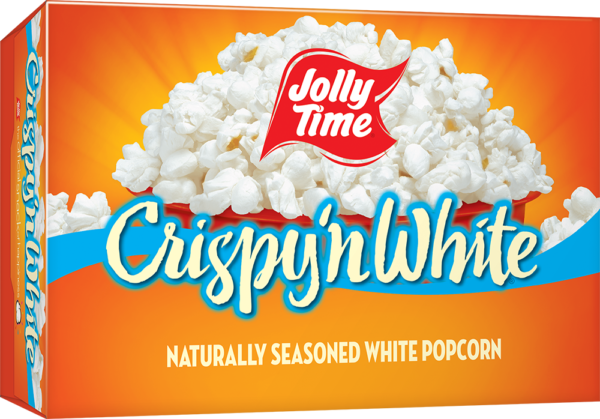 Jolly Time Crispy 'n White Naturally Flavored Microwave Popcorn. Tender white popcorn kernels with a natural flavor. Whole grain, high in fiber. Popcorn Product: Microwave Classics Crispy ‘n White®