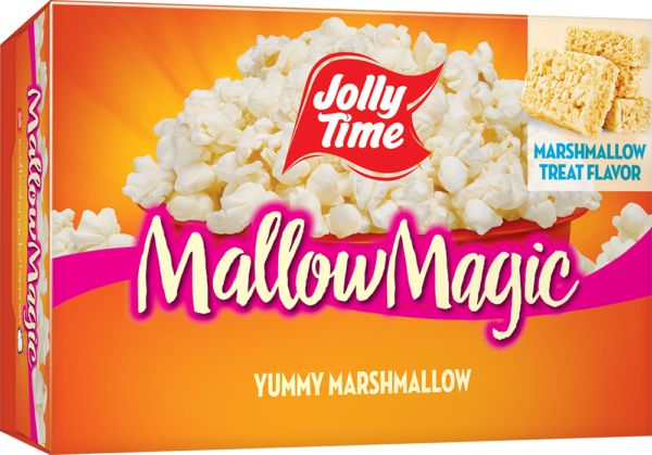 Jolly Time Mallow Magic Microwave Popcorn. A sweet dessert popcorn that kids love. Yummy marhmallow flavor with topping sauce.