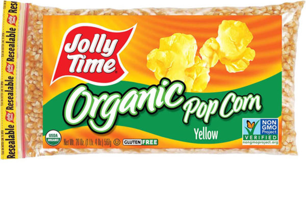 Jolly Time Organic Yellow Popcorn Kernels. USDA certified organic, non-GMO popcorn. Whole grain, high in fiber and gluten free. Popcorn Product: Kernels Organic Yellow Kernels