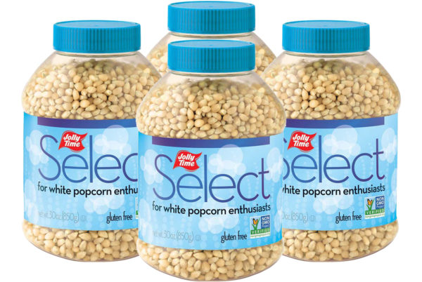 Jolly Time Select White Popcorn Kernels. A jar of tender, gourmet unpopped kernels. Natural flavor whole grain popping corn. Popcorn Product: Kernels JOLLY TIME® Select® White