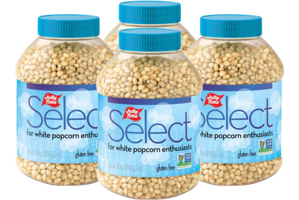 Jolly Time Select White Popcorn Kernels. A jar of tender, gourmet unpopped kernels. Natural flavor whole grain popping corn. Popcorn Product: Kernels JOLLY TIME® Select® White Popcorn Kernels