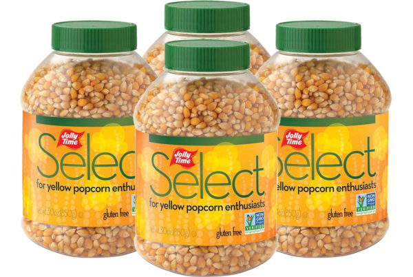 Jolly Time Select Yellow Popcorn Kernels. A jar of premium gourmet stovetop popping corn. Non-GMO and Gluten Free. Popcorn Product: Kernels JOLLY TIME® Select® Yellow