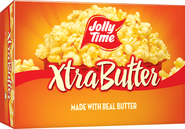 Jolly Time Xtra Butter Microwave Popcorn. An extra buttery flavor made with the trans-fat free Smart Balance oil blend.