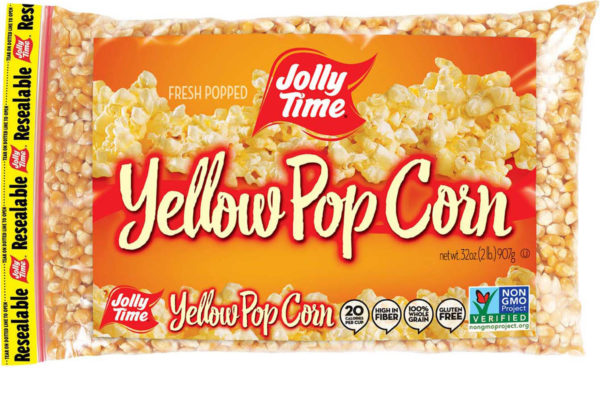 Jolly Time Yellow Unpopped Popcorn Kernels. A 2 pound poly bag of whole grain, non-GMO and gluten-free popping corn. Popcorn Product: Kernels Yellow Kernels