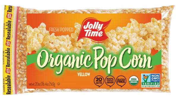 Jolly Time Organic Yellow Popcorn Kernels. USDA certified organic, non-GMO popcorn. Whole grain, high in fiber and gluten free. Popcorn Product: Kernels Organic Yellow Kernels