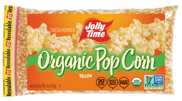 Jolly Time Organic Yellow Popcorn Kernels. USDA certified organic, non-GMO popcorn. Whole grain, high in fiber and gluten free. Popcorn Product: Kernels Organic Yellow Popcorn Kernels