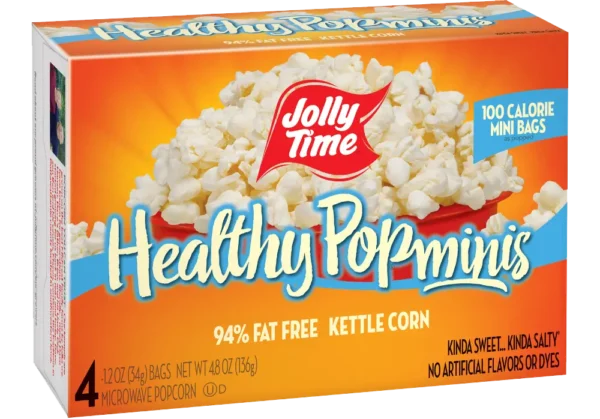 Jolly Time Healthy Pop Kettle Corn Microwave Popcorn Mini Bags. 100 calorie popcorn bags equal to 3 Weight Watchers points. Popcorn Product: Healthy Pop Healthy Pop® Kettle Corn Minis