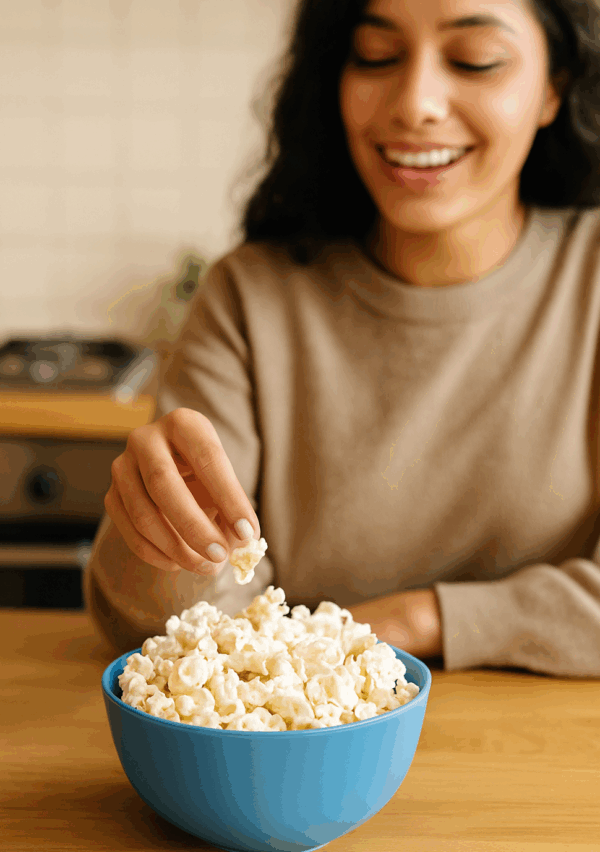 Why Popcorn Kernels Are the Snack You Should Always Keep in Your Pantry A cozy kitchen scene featuring a smiling woman in a beige sweater reaching into a blue bowl filled with fluffy, freshly popped popcorn on a wooden counter, creating a warm and inviting lifestyle moment.