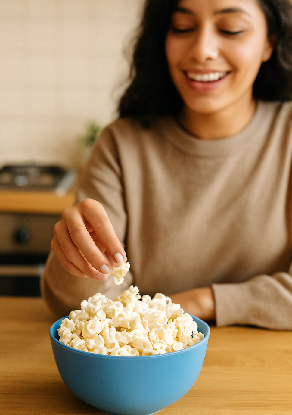 A cozy kitchen scene featuring a smiling woman in a beige sweater reaching into a blue bowl filled with fluffy, freshly popped popcorn on a wooden counter, creating a warm and inviting lifestyle moment.