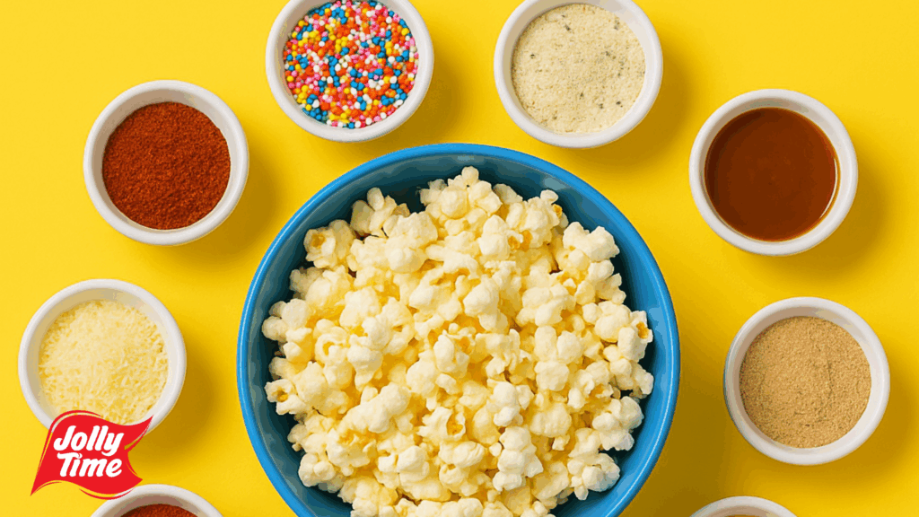 ChatGPT said: 10 Creative Popcorn Seasoning Ideas for Every Mood A vibrant flat-lay image featuring a large blue bowl of freshly popped popcorn in the center, surrounded by small bowls holding various toppings like chocolate drizzle, lime wedges, peanut butter, cinnamon sugar, colorful sprinkles, Parmesan cheese, and savory spices, all set against a bright yellow background.