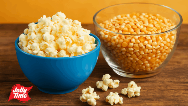 A bright, cheerful image of a blue bowl filled with fluffy, freshly popped popcorn next to a clear glass bowl of golden popcorn kernels. Both bowls sit on a vibrant yellow surface with a matching yellow backdrop, creating a fresh, happy vibe perfect for a popcorn-themed blog post.
